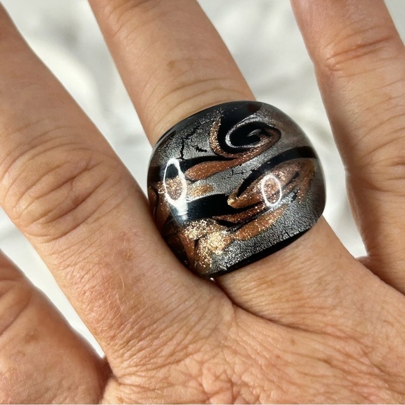 Black Silver Gold Glass Ring Black Silver Gold - Picture 7 of 7